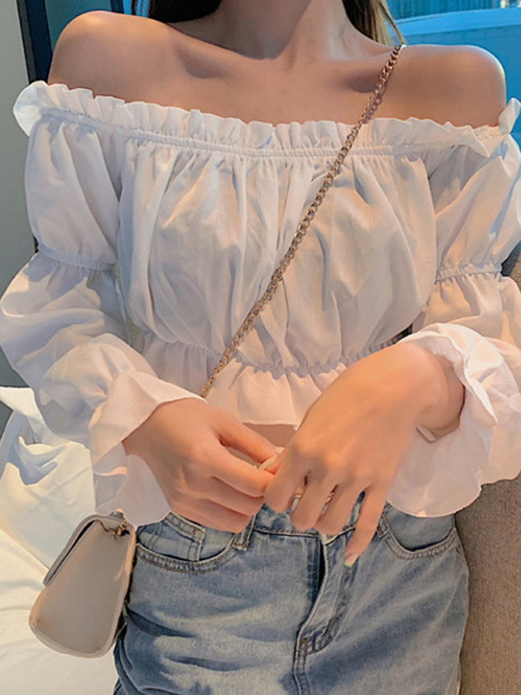 Haut Sexy pour femmes, épaules dénudées, manches longues, couleur unie, chemise blanche, manches bouffantes, tunique à volants, haut court, bustier tubulaire d'été