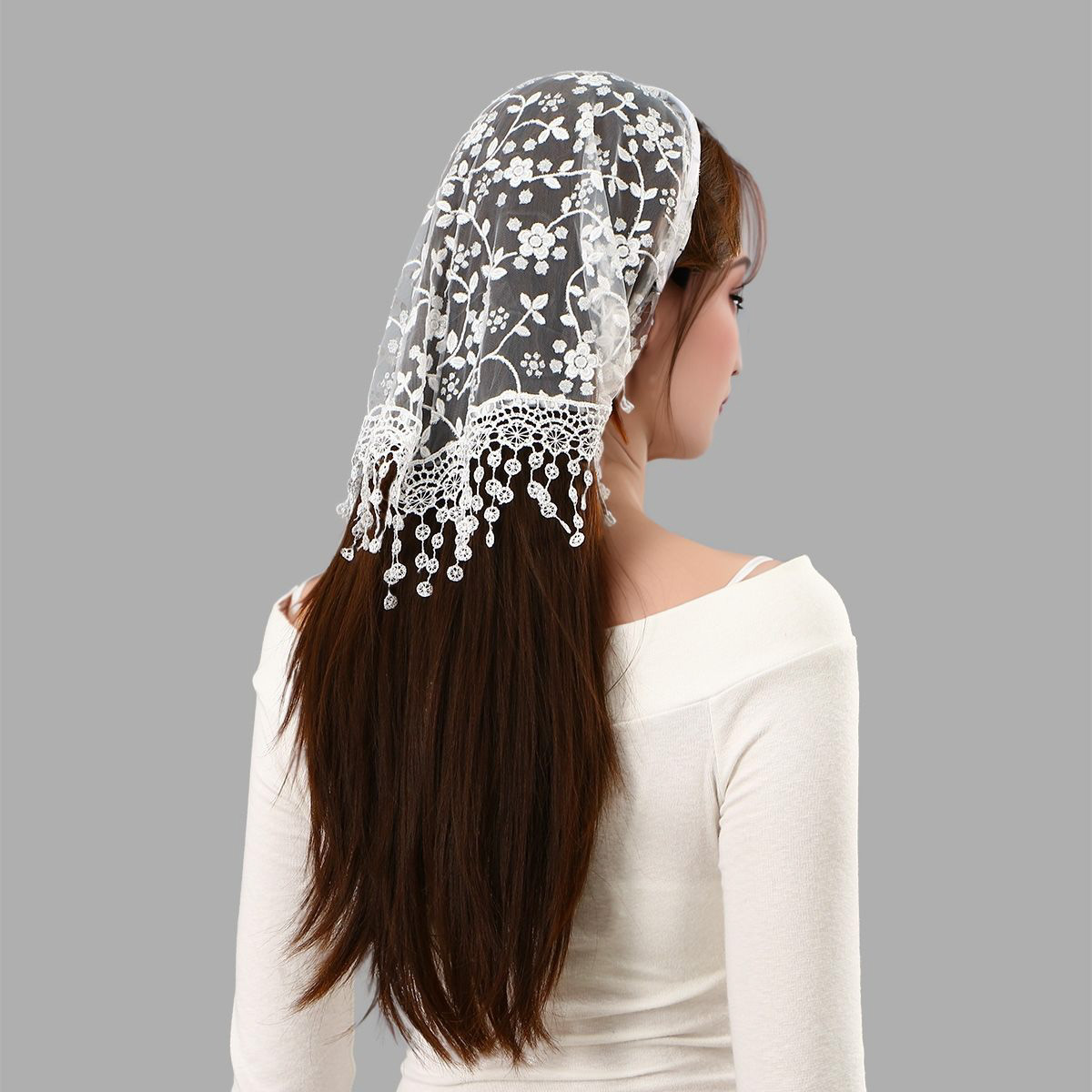 Foulard triangulaire en dentelle pour femme avec bandeau intégré, broderie ajourée, fin, vintage, pour cheveux