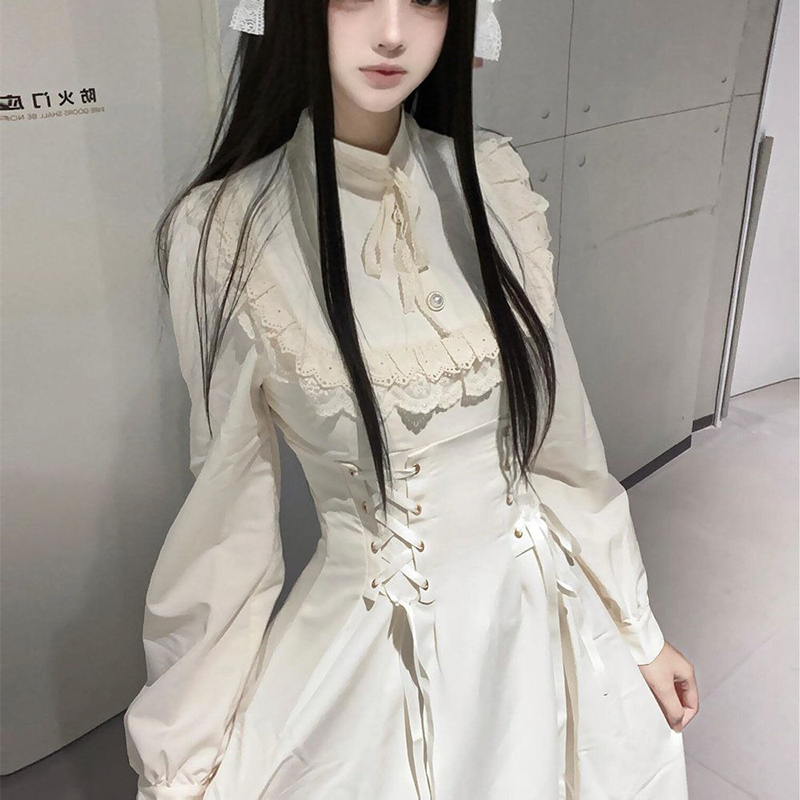 Robe française élégante en dentelle à manches longues pour femmes, taille haute, Patchwork, mode Lolita Kawaii, nouvelle collection à lacets