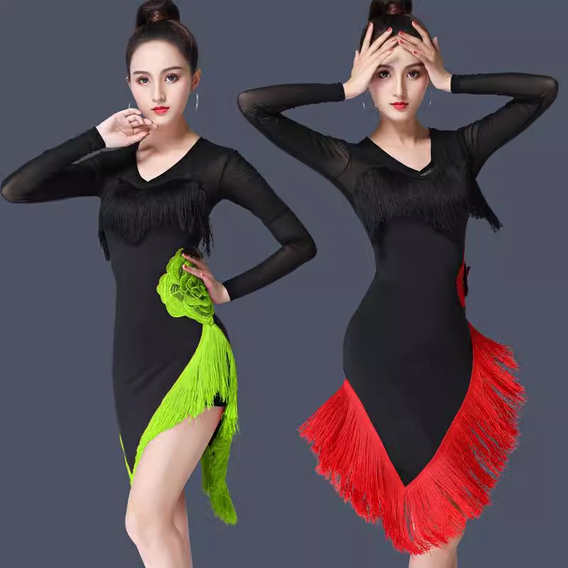 Robe à manches longues pour femmes, grande jupe de danse à fleurs rouges et pompons, tenue de danse latine, costume sexy noir pour filles et adultes, rumba 2026