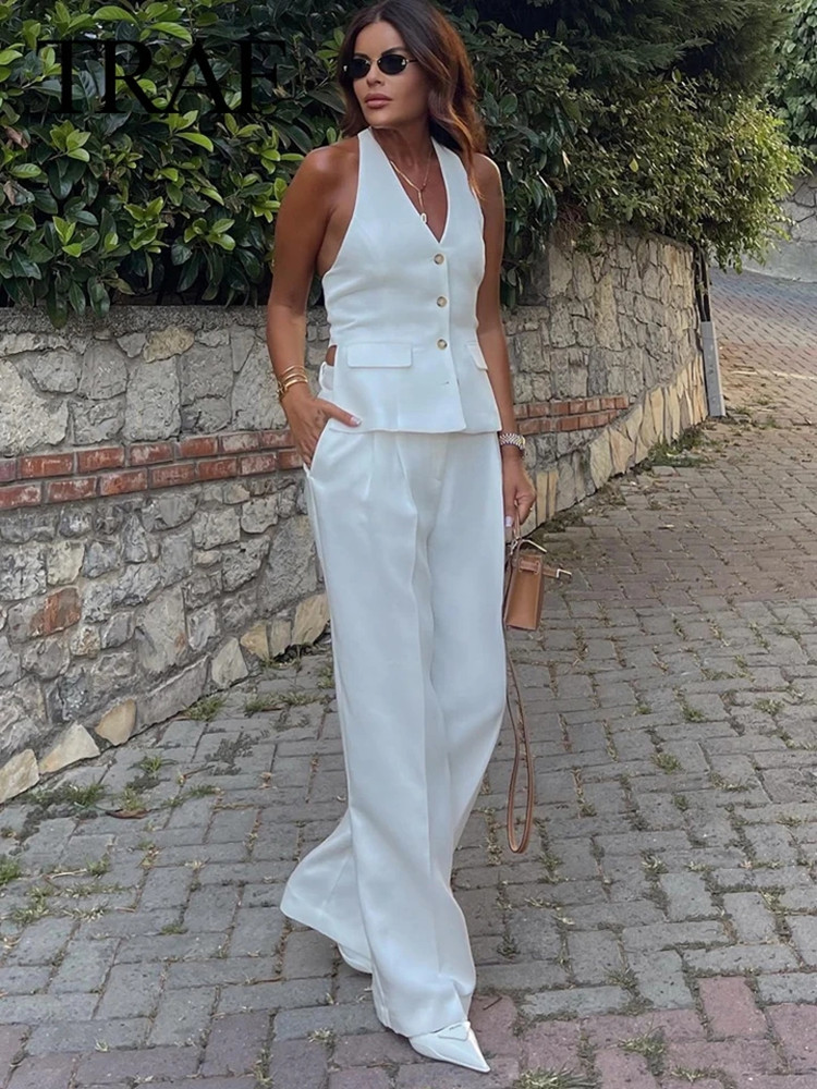 MUJER pantalons ensembles pour femmes 2 pièces épaules dénudées gilet sans manches femme tenue mode pantalon à jambes larges élégant décontracté ensemble pour femmes