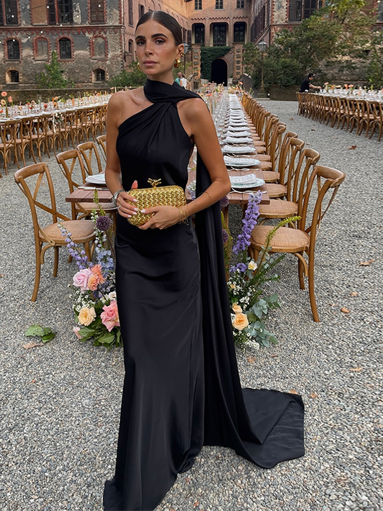 Robe de soirée longue en Satin avec ruban élégant pour femmes, couleur unie, sans manches, dos nu, robes de soirée chics, printemps été 2025