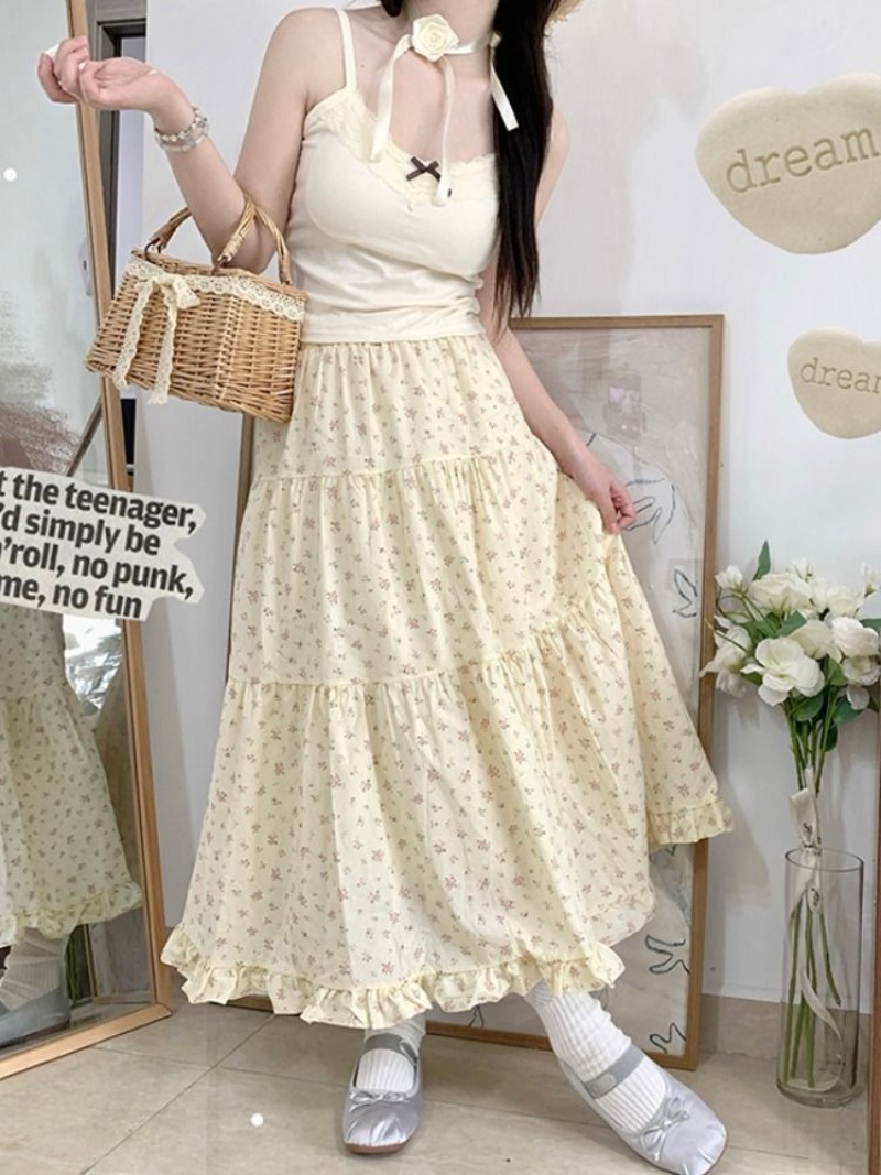 Jupe trapèze florale pour femme, longueur mi-mollet, taille haute, streetwear coréen, jupe Harajuku Y2K, été 2024