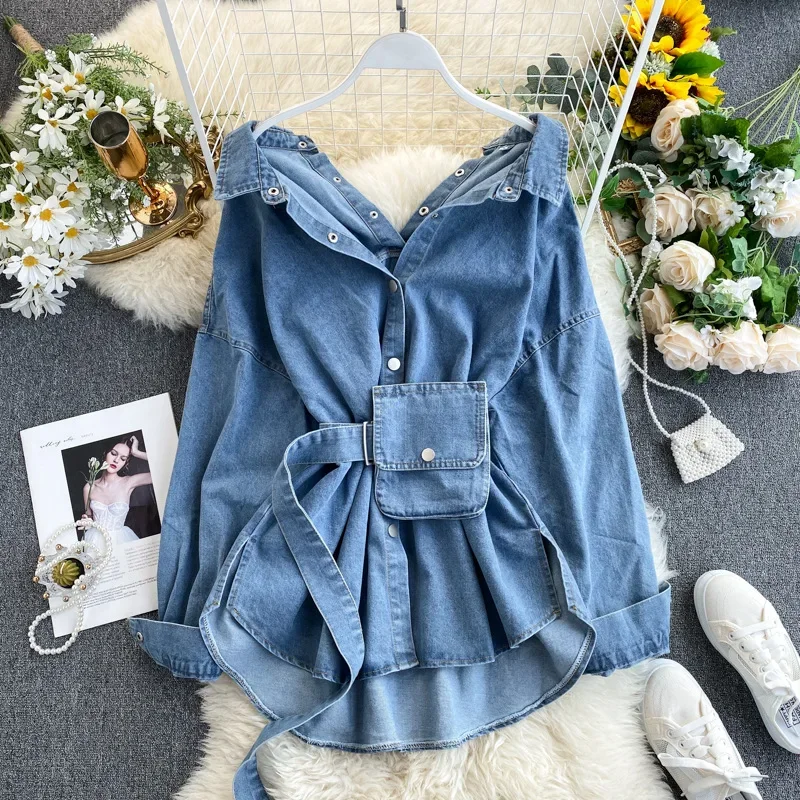 Chemises en jean pour femmes, chemisier lavé, vêtements d'extérieur, vestes, sangle, sac de taille, revers, simple boutonnage, Streetwear, surchemise, 2025
