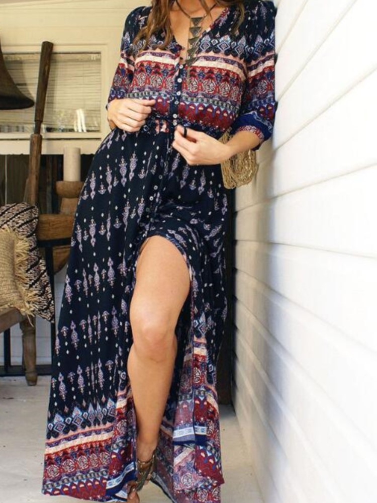 Boho robe imprimée dame mode Vintage col en V trois quarts pull robes pour femmes élégant vacances plage femmes vêtements nouveau