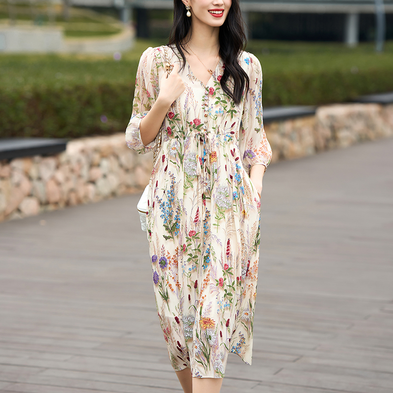 Robe de vacances en soie véritable pour femmes, col en v, élégante, Chic, imprimé Floral, longue, ligne a, printemps été, 100%