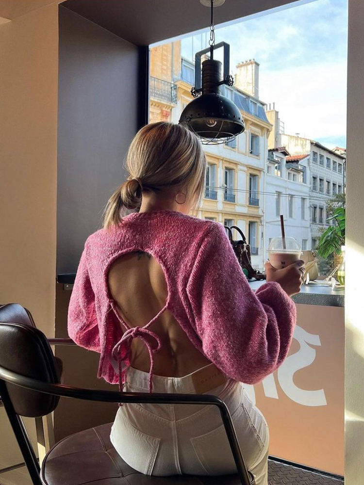 Pull Vintage à Manches sulfet Col Rond pour Femme, Vêtement Chic de Couleur Unie, à la Mode, 2023
