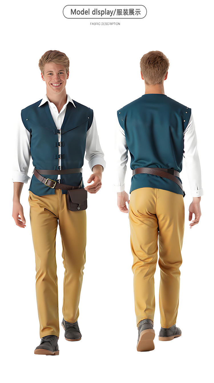Costume de cosplay pour couple Tangled, robe longue Raiponce, tenue de prince Flynn Rider, ensemble complet pour Halloween et spectacles sur scène