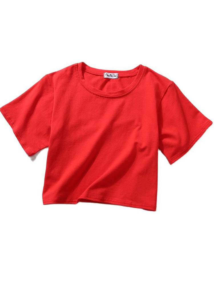 Été à manches courtes t-shirts femmes solide T-shirt col rond taille haute haut court T-shirt femme décontracté ample T-shirt