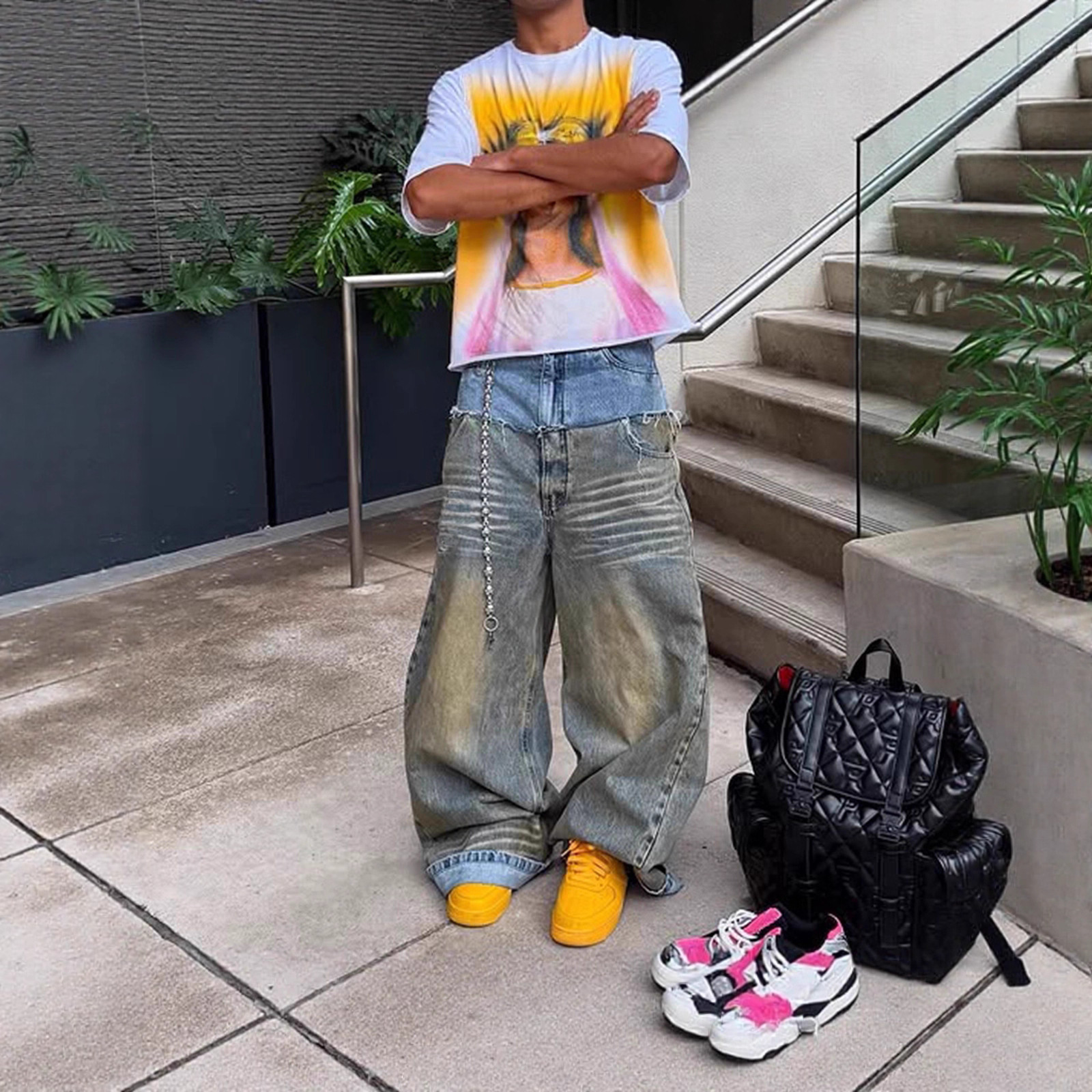 Hommes ample épissé décontracté quotidien à la mode jambe large Denim pantalon européen américain nouvelle mode mâle jean pantalon bas vêtements