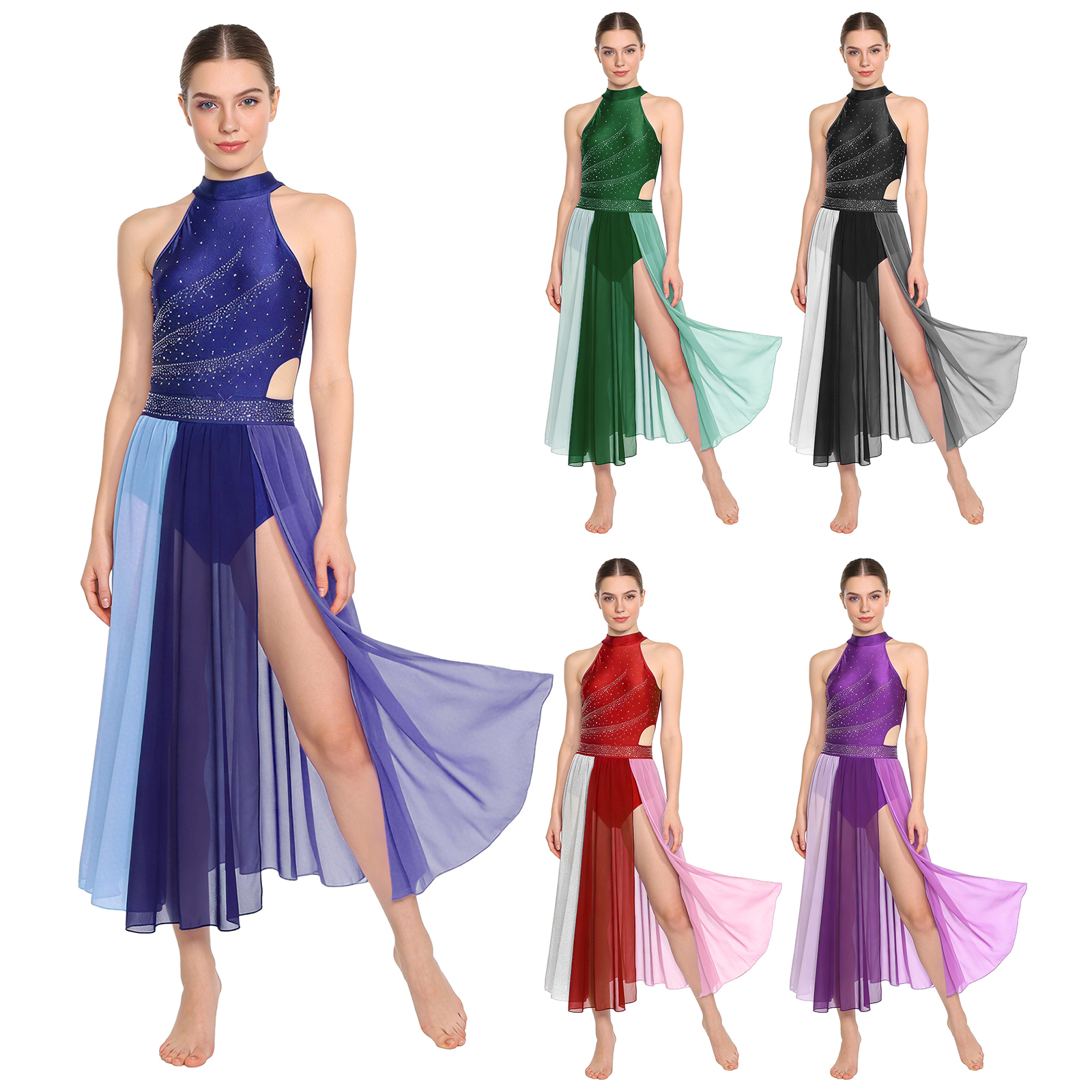 Robe de danse lyrique pour femmes, tenue de scène de danse moderne, costume de fête, sans manches, strass, maille, fente sur le bas, justaucorps, vêtements de danse