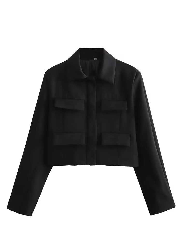 HH printemps veste pour femmes mince recadrée manteau élégant solide à manches longues veste avant rabat poche vêtements d'extérieur mode Streetwear