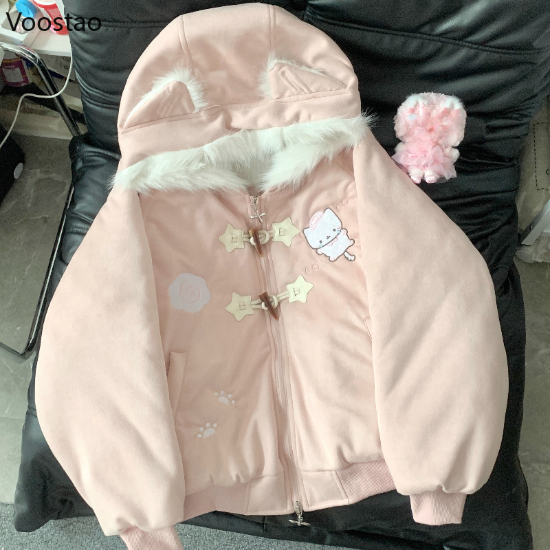 Parka japonaise Style Lolita pour femmes, manteau à capuche décontracté avec broderie de chat de dessin animé, veste chaude en peluche esthétique Y2k pour filles