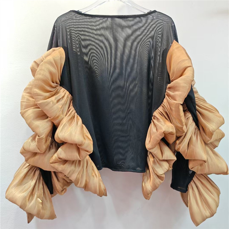 Femmes automne hiver nouveau tempérament rétro col rond à volants chemise ample à manches longues océanique chaud broderie graphique t-shirts