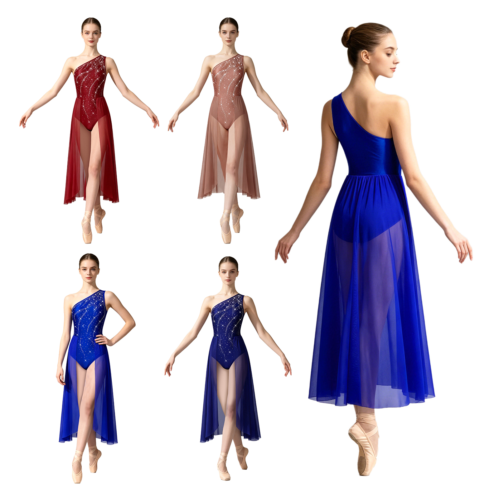 Robe de danse de ballet pour femme, tenue de patinage artistique, justaucorps à strass sans manches asymétrique avec jupe fendue en maille