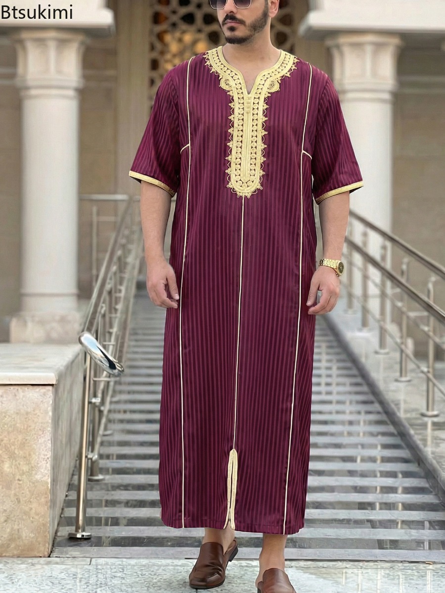 Nouvelle tenue musulmane pour hommes pour l'Aïd, style ethnique, abayas brodées à manches longues, robe ample décontractée de style saoudien, thobe musulman pour hommes