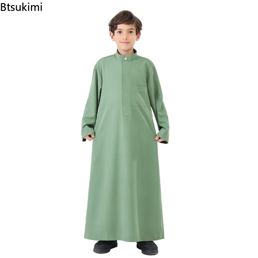 Robe caftan à manches longues pour enfants musulmans, vêtements pour garçons, mode, couleur unie, arabe, islamique, Thobe, Pakistan, marocain