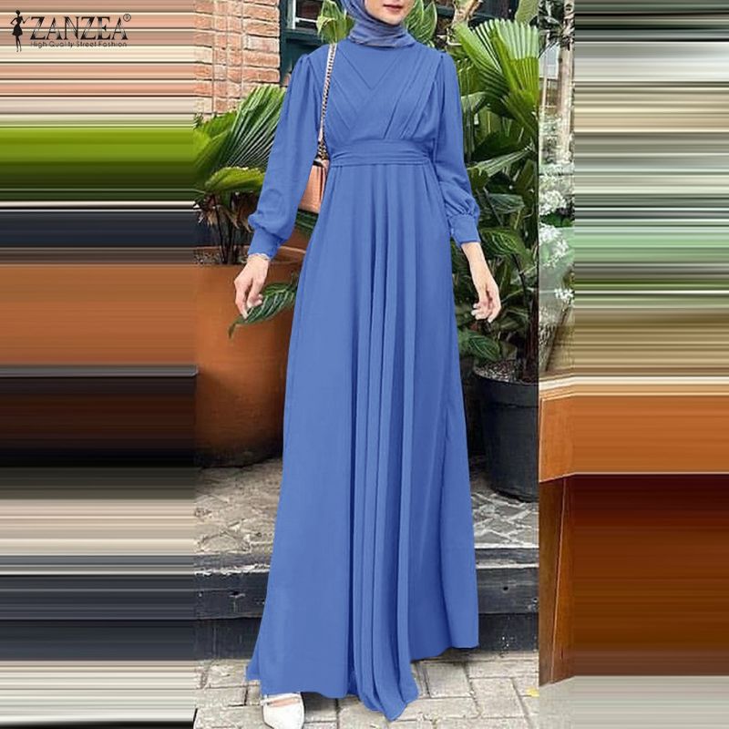 ZANZEA musulman Hijabs femmes Maxi Robes longues modeste à manches longues noué taille a-ligne robe Abaya Robes islamique Ramadan vêtements 3XL