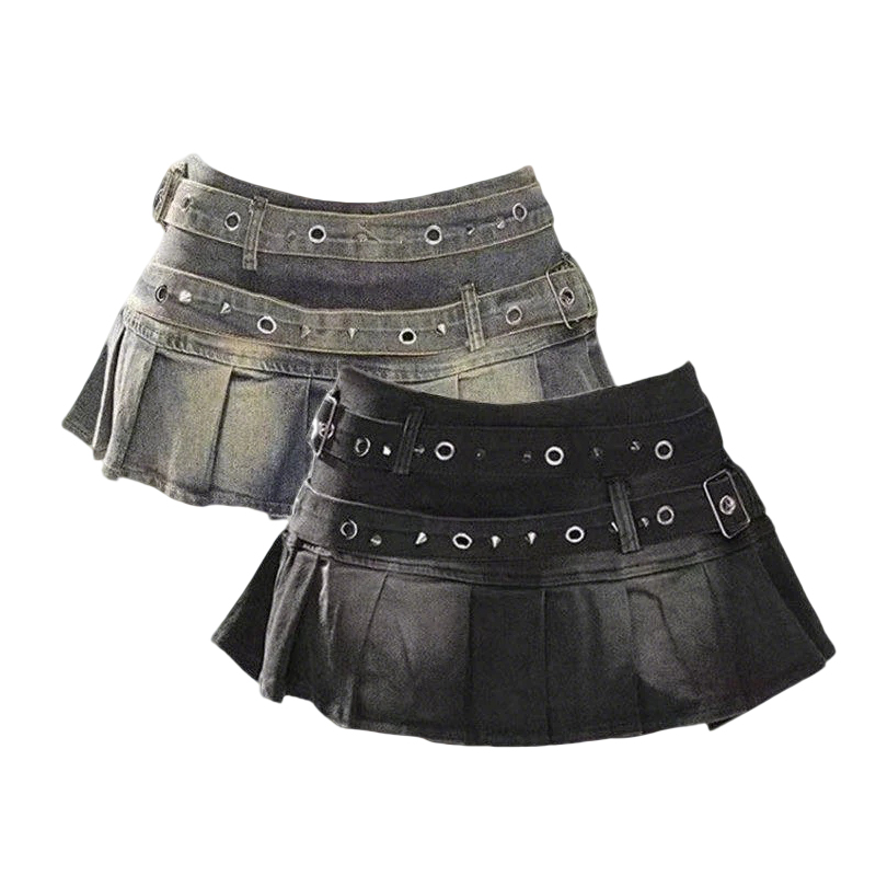 Jupe en jean pour femme avec ceinture cloutée, mini-jupe plissée taille basse, bleu noir, style Alt Girls Y2K Punk années 90