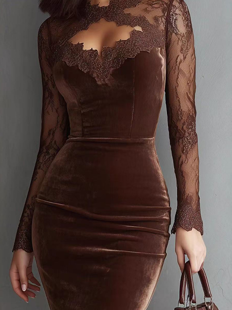 Robe moulante transparente en dentelle à col en V pour femme, manches longues, sexy, décontractée, taille cintrée, mi-longue, de luxe, de créateur