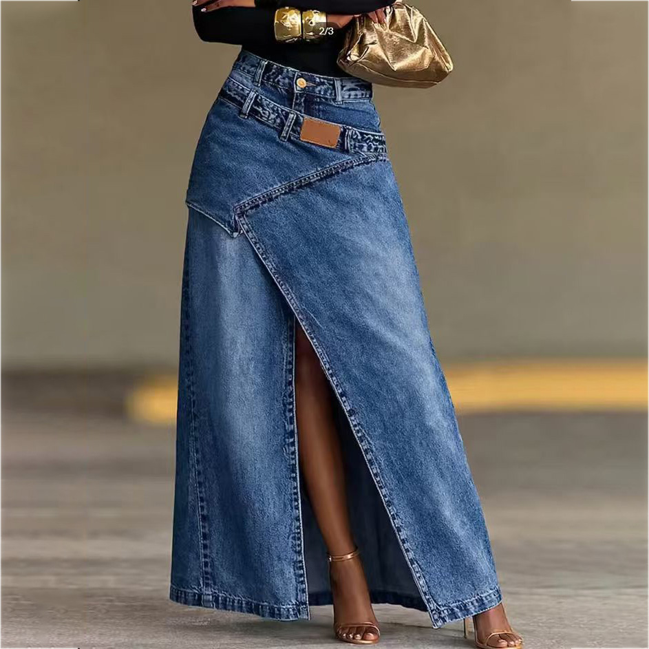 Nouvelle jupe longue en jean taille haute fendue irrégulièrement pour femme, style streetwear décontracté, coupe trapèze, tenue de rue tendance printemps-automne