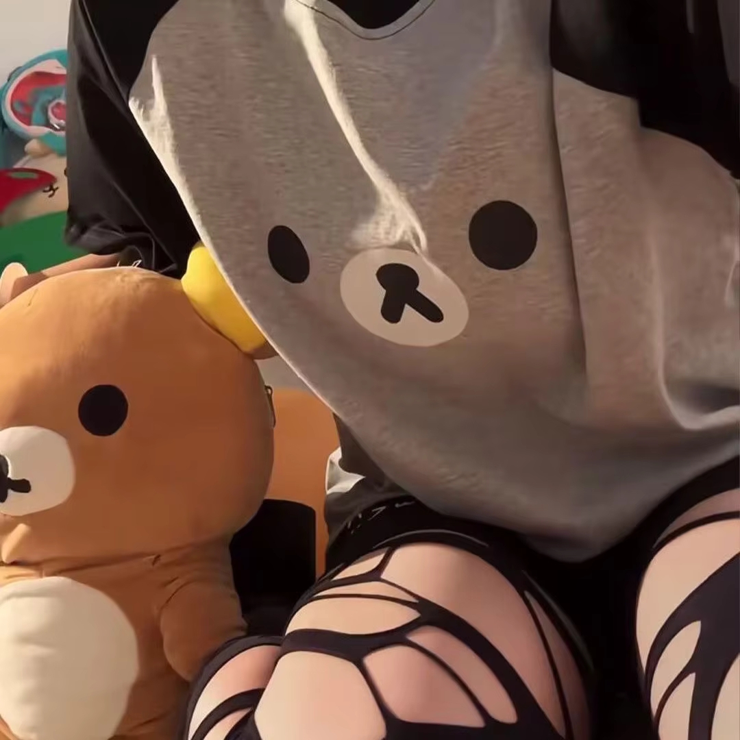 T-shirt pour femmes à imprimé Kawaii Rilakkuma, manches courtes raglan, col rond, ample et décontracté.