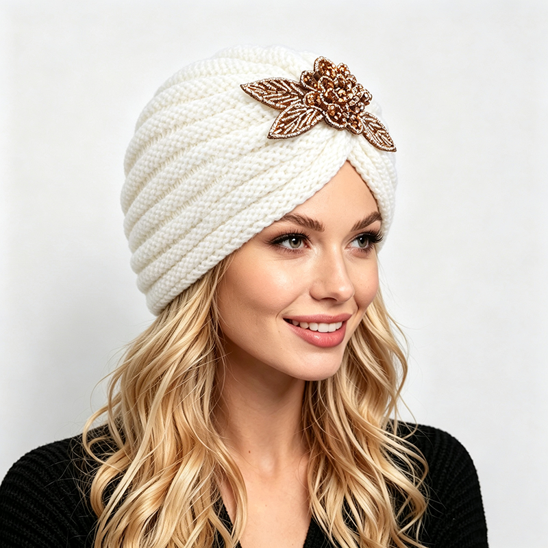 Bonnet Turban Tricoté avec Broderie Florale et Perles, Bandeau Torsadé, Bonnet Hijab Musulman d'Hiver, Bonnet Chimio, Accessoires pour Cheveux Femme