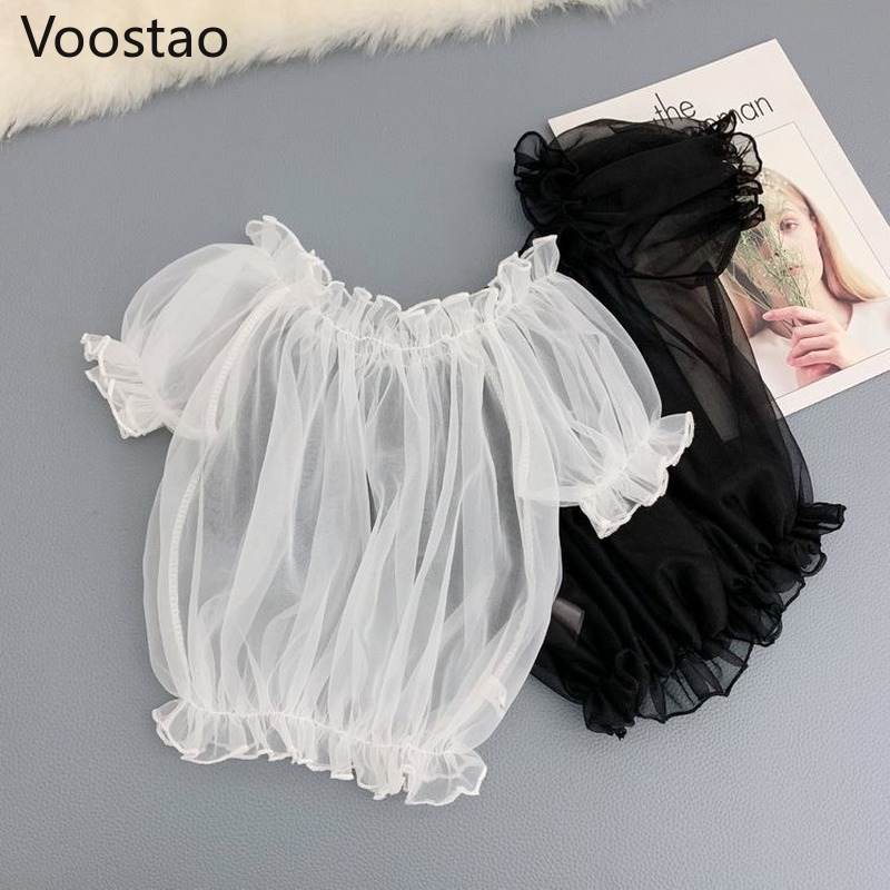Chemises en maille à volants pour femmes, chemisiers de style Lolita doux, col slash Kawaii, manches courtes bouffantes, sexy et mignon, été