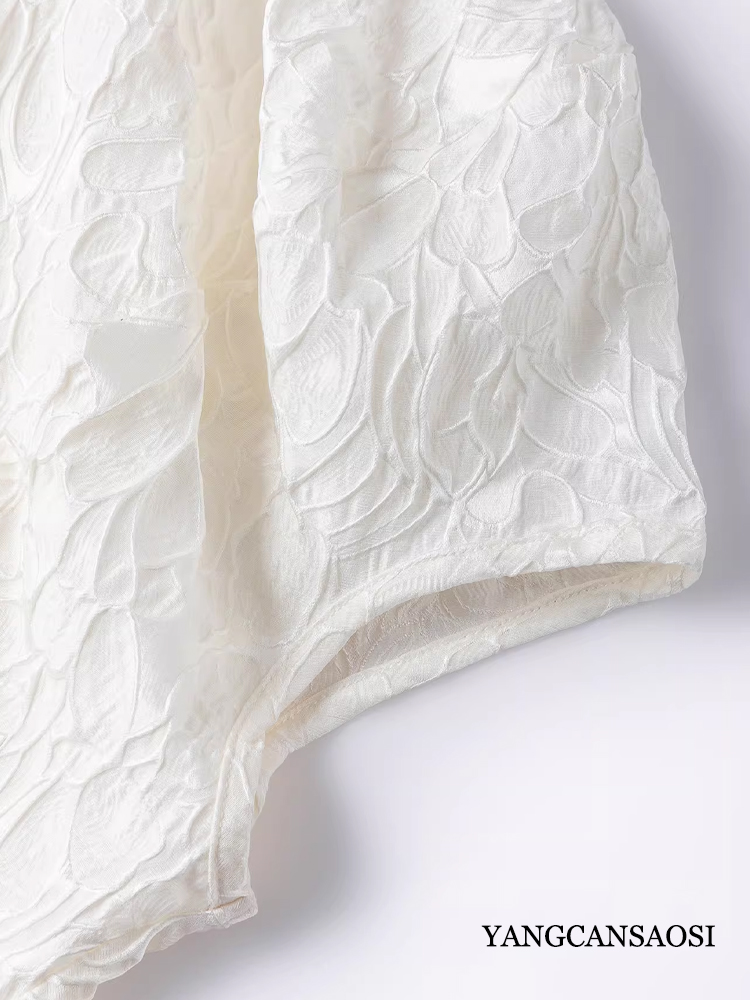 T-shirt décontracté d'été pour femme en 35% soie de mûrier naturelle, texture feuille, crêpe GuanLe entrelacé, col rond, manches lanternes