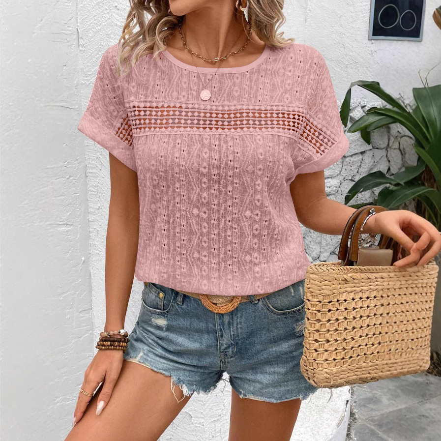Chemisier d'été pour femmes, mode élégante, manches courtes, chemises ajourées, décontracté, couleur unie, col rond, chemise ample, grande taille, vêtements 2025
