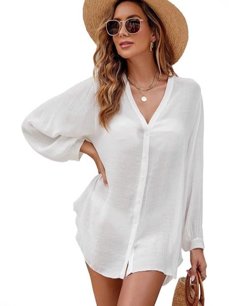 Tunique ample d'été pour femme à manches longues, col en V, boutonnée, fluide, protection solaire, décontractée, pour la plage et les vacances, cache-maillot de bain