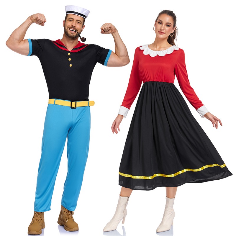 Nouvelles tenues de cosplay de carnaval pour couple, costumes classiques de Popeye, tenues de jeu de rôle rétro pour fête à thème pour femmes et hommes adultes