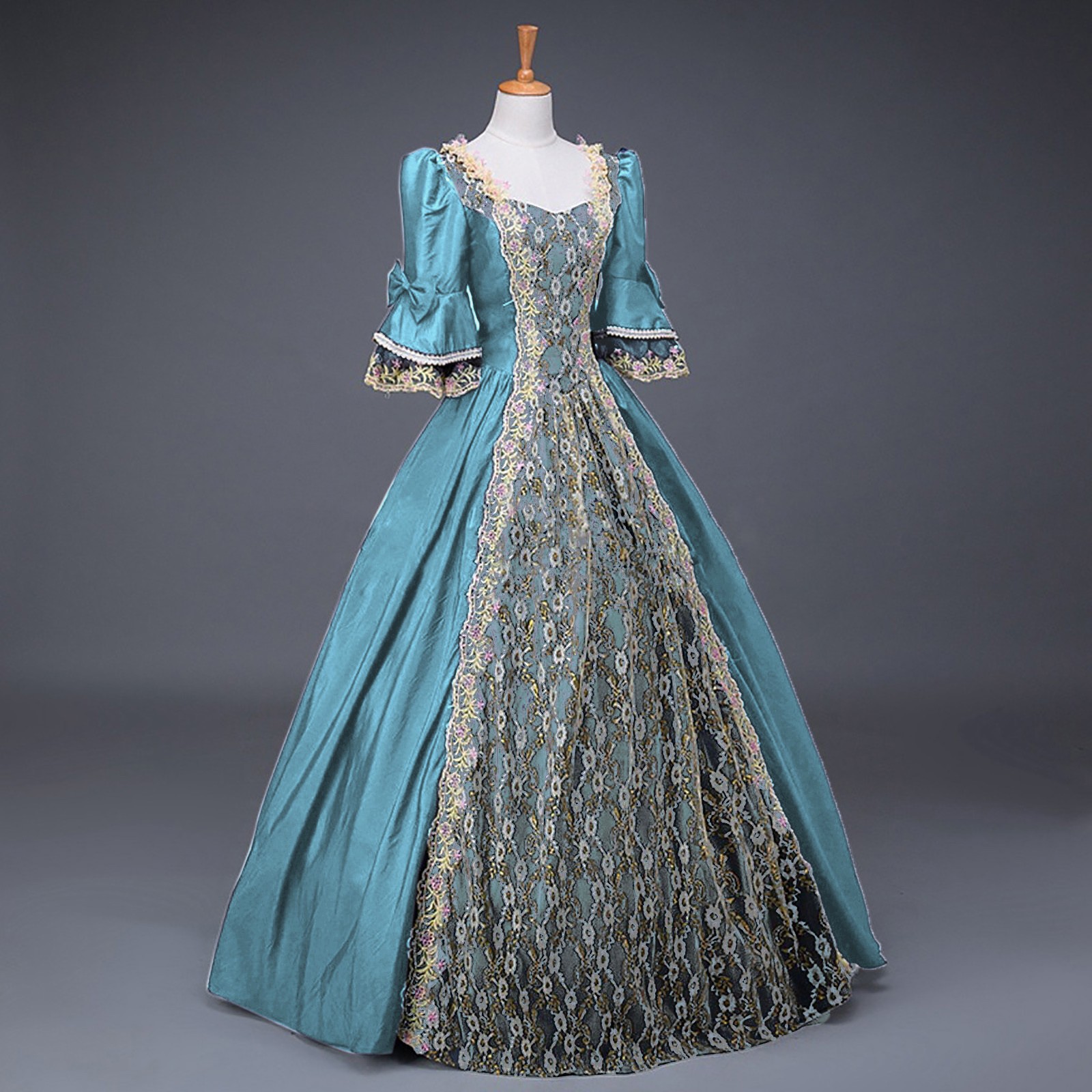 Robe médiévale du 18ème siècle pour femmes, taille haute, demi-manches, robe de bal, princesse en dentelle, Patchwork, robe en Satin, Costume de reine Renaissance