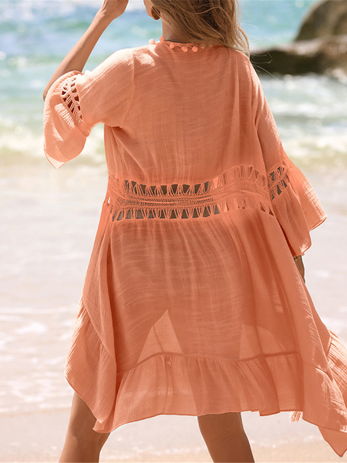 Robe de plage cache-maillot pour femme, col en V, manches mi-longues, en crochet tricoté, tunique de plage V7660