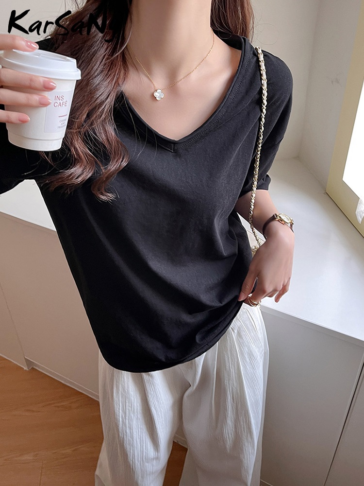 T-shirts amples en coton pour femmes, hauts d'été surdimensionnés, basique, col en V, manches courtes, blanc, noir, coton et lin, bureau pour dames