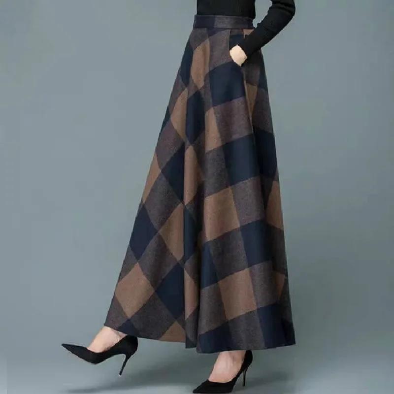 Jupe trapèze longue mi-longue en laine à carreaux taille haute pour femme, grande taille, mode automne-hiver, vêtements décontractés pour femme