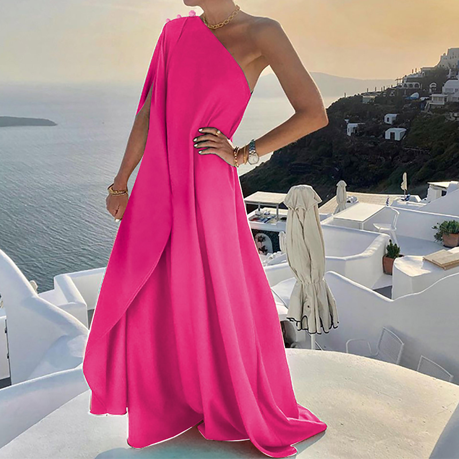 Robes Boho pour femmes, grande taille, couleur unie, asymétrique épaule dénudée, ample, plissée, longue, robe de plage, vacances, 2024