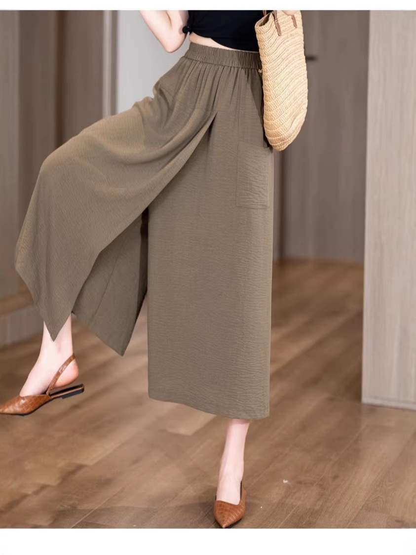 Jupe-pantalon décontractée asymétrique taille haute amincissante, coupe ample, matière fine, style décontracté confortable, pantalon à jambes larges pour grandes tailles