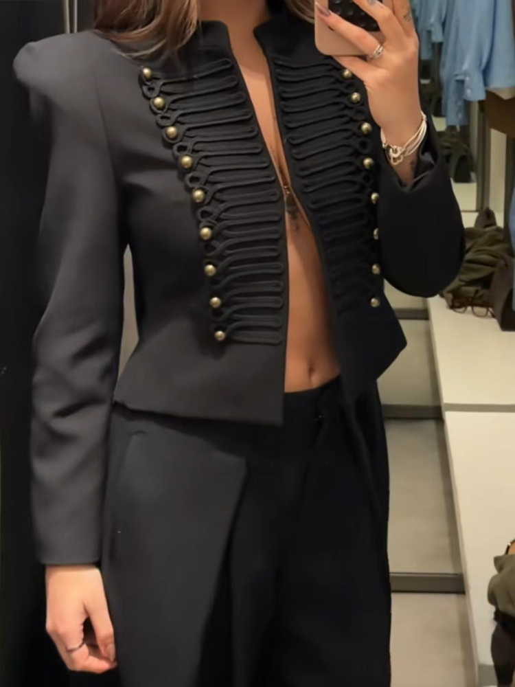 Veste de printemps pour femme, blazer court style militaire, avec bordure en cordon tressé, boutons dorés, épaulettes rembourrées, vêtements pour femme