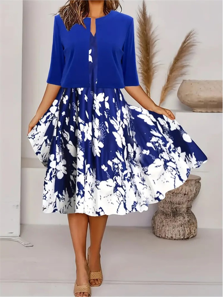 Robe longue décontractée à imprimé floral pour femmes, cardigan court à col en V, manches mi-longues, robes mi-longues trempées, ensembles élégants
