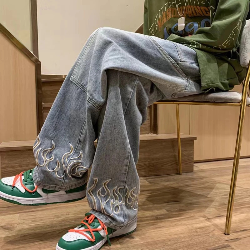 Jean à Jambes Larges pour Homme, Vêtement en Denim, avec Broderie de Flamme, Style Baggy Hip Hop, Décontracté, à la Mode, 2023