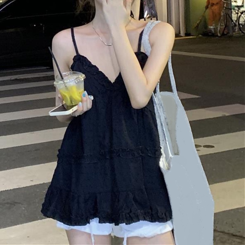 Femmes Style coréen Camisole sans manches blanc noir gilet volants dos nu col en v hauts vacances d'été plage mode vêtements