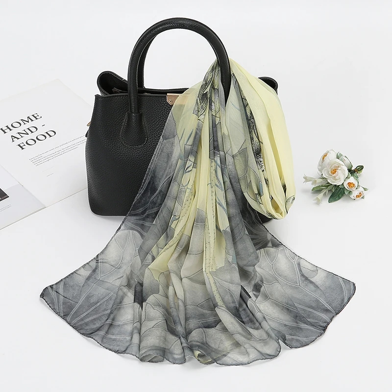 Écharpe en mousseline de soie imprimé Lotus, écharpe légère à la mode pour femmes, Protection solaire du cou d'été, châle en soie 150x50cm