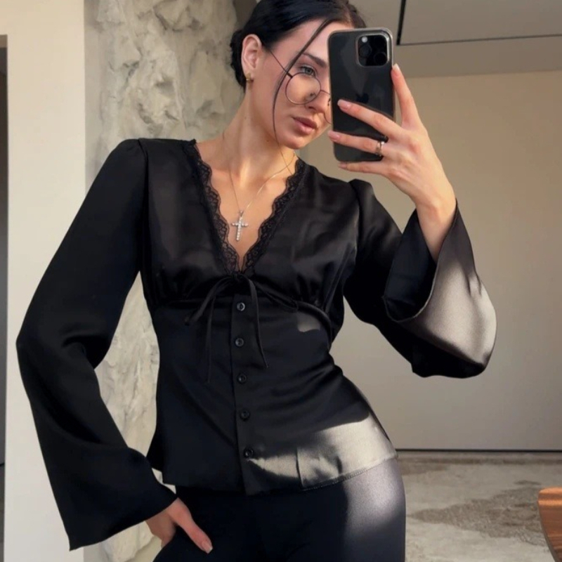 Tsiisd Débardeur Femme en Dentelle et Satin, Col V, Style Patchwork, Romantique, Premium, pour le Quotidien, Été, avec Liens, 2026