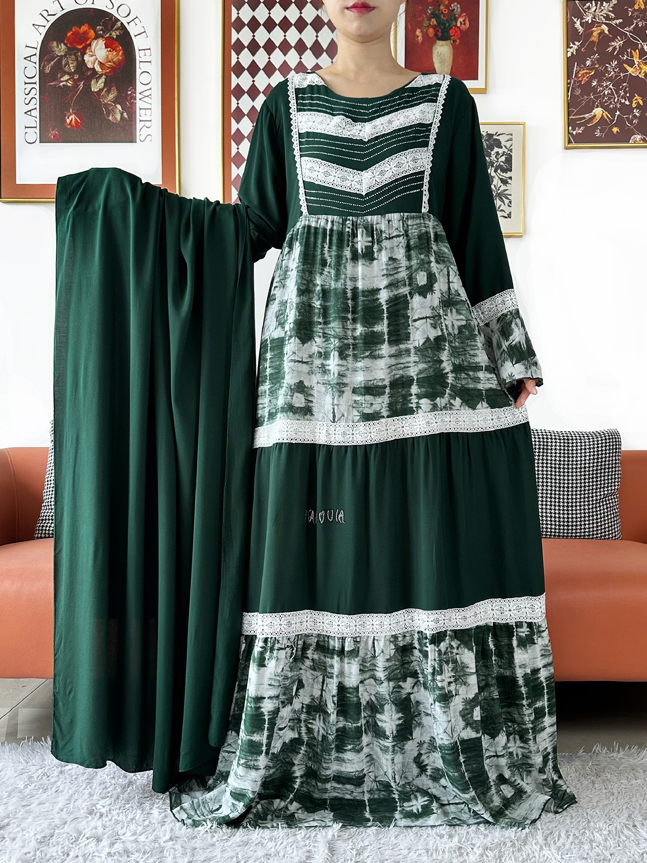 Robe africaine de qualité supérieure, boubou KASHKHA en coton, abaya musulmane ample avec grand foulard brodé, robe maxi pour le Ramadan