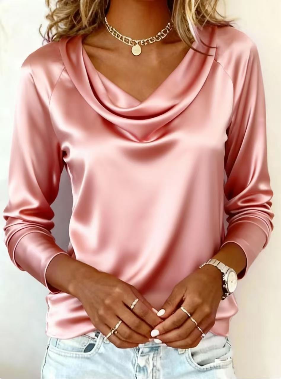 Chemise à manches longues en satin pour femme - Col bénitier - Couleur unie - Soie - Style haut - Pour un look décontracté et de bureau