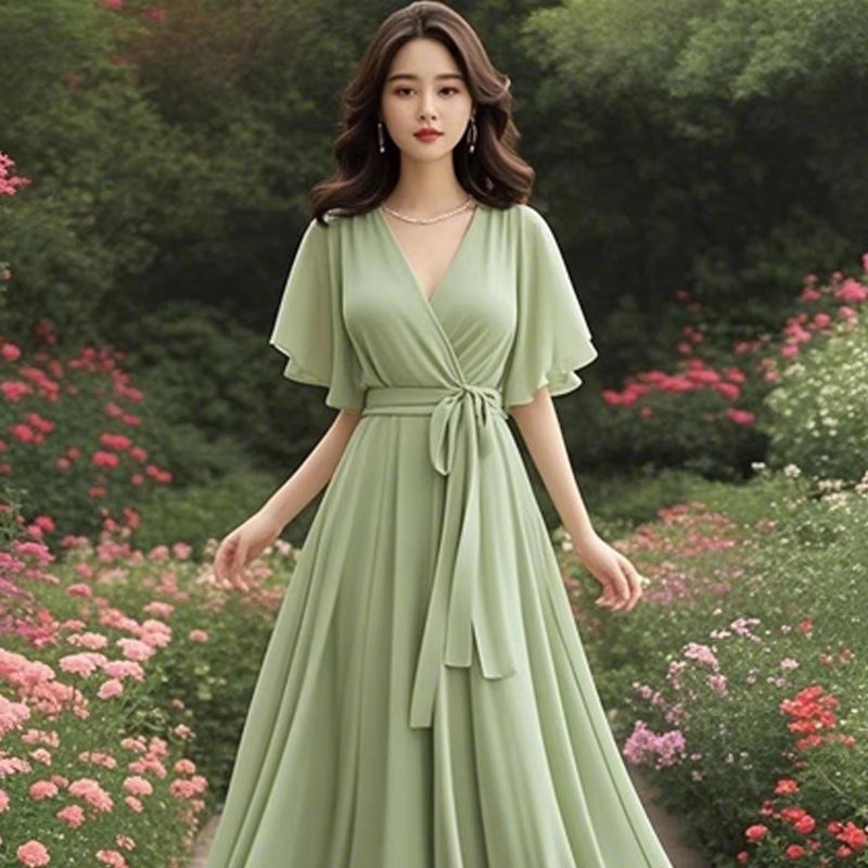 Robe longue de plage d'été 2021, nouvelle beauté verte, française, haut de gamme, en mousseline de soie, exquise, Unique, robe de vacances, fée W296