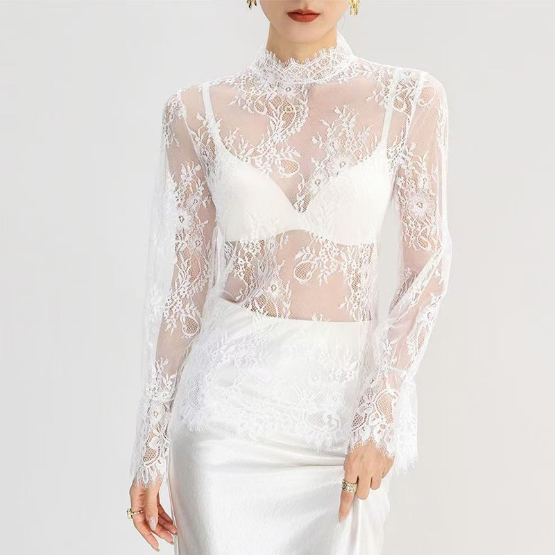 Femmes dentelle broderie florale Blouses chemise femme hauts blancs Sexy maille Blouses Transparent élégant Transparent noir Blouse chemise