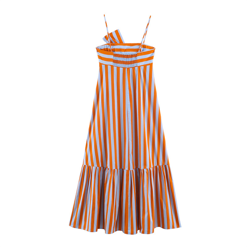 Ensemble 2 pièces pour femmes, chemisier à manches longues à col en V rayé orange, robe midi à volants avec bretelles spaghetti et nœud, ensemble assorti décontracté pour les vacances