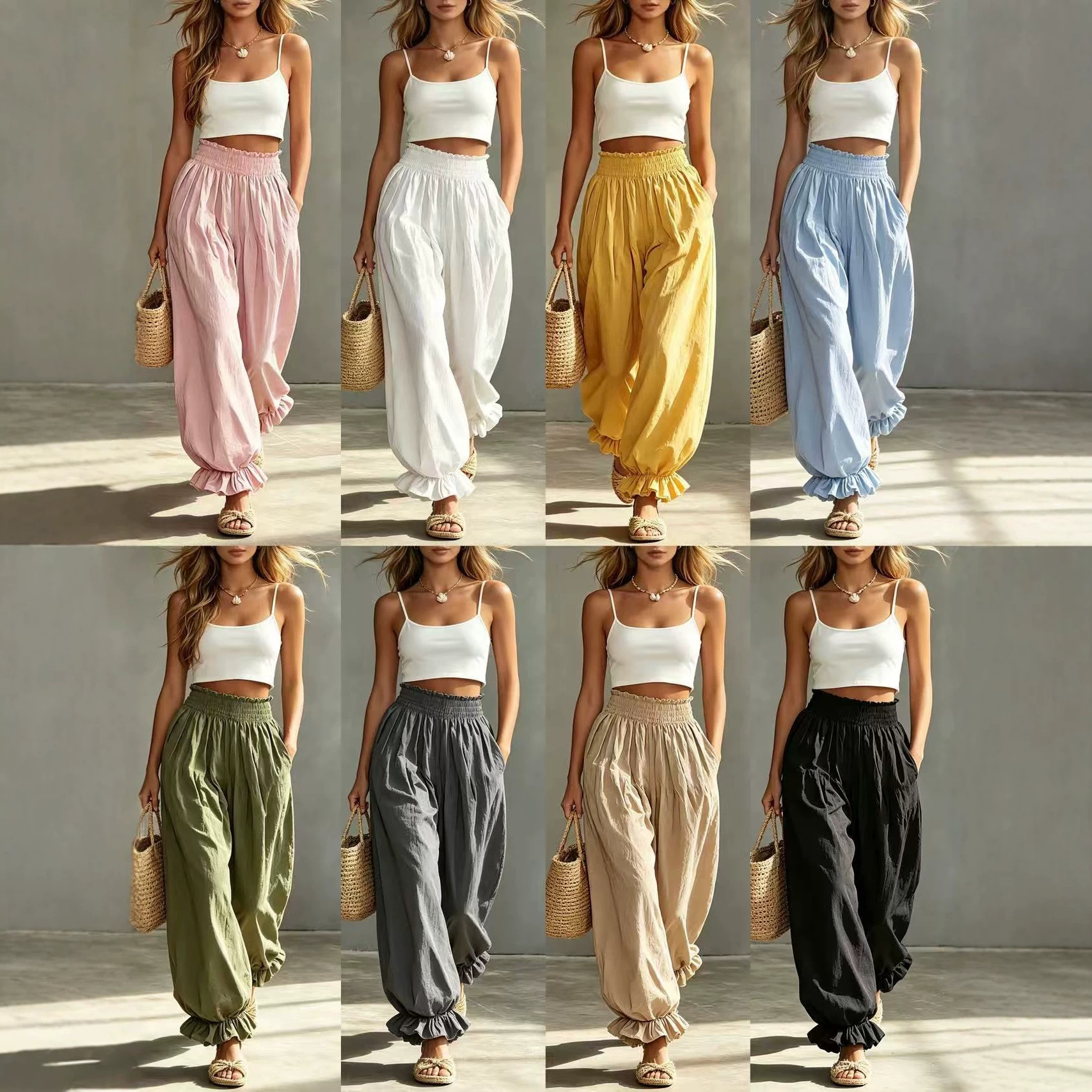 Pantalon Harem Femme Taille Haute à Ourlet Volanté, Taille Élastique, Coupe Ample et Décontractée, Idéal pour les Vacances, Jambe Large, Style Lanterne, Plusieurs Couleurs